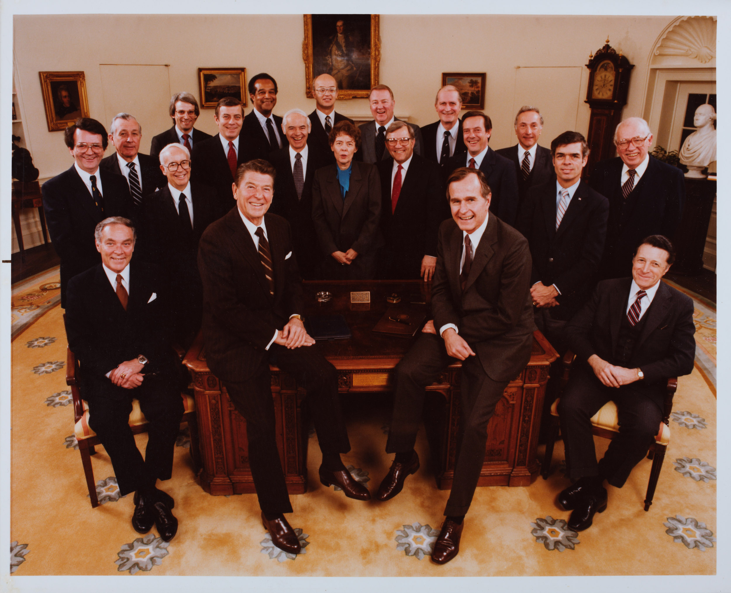 President Ronald Reagan and Vice President Bush with White House staff, 1981