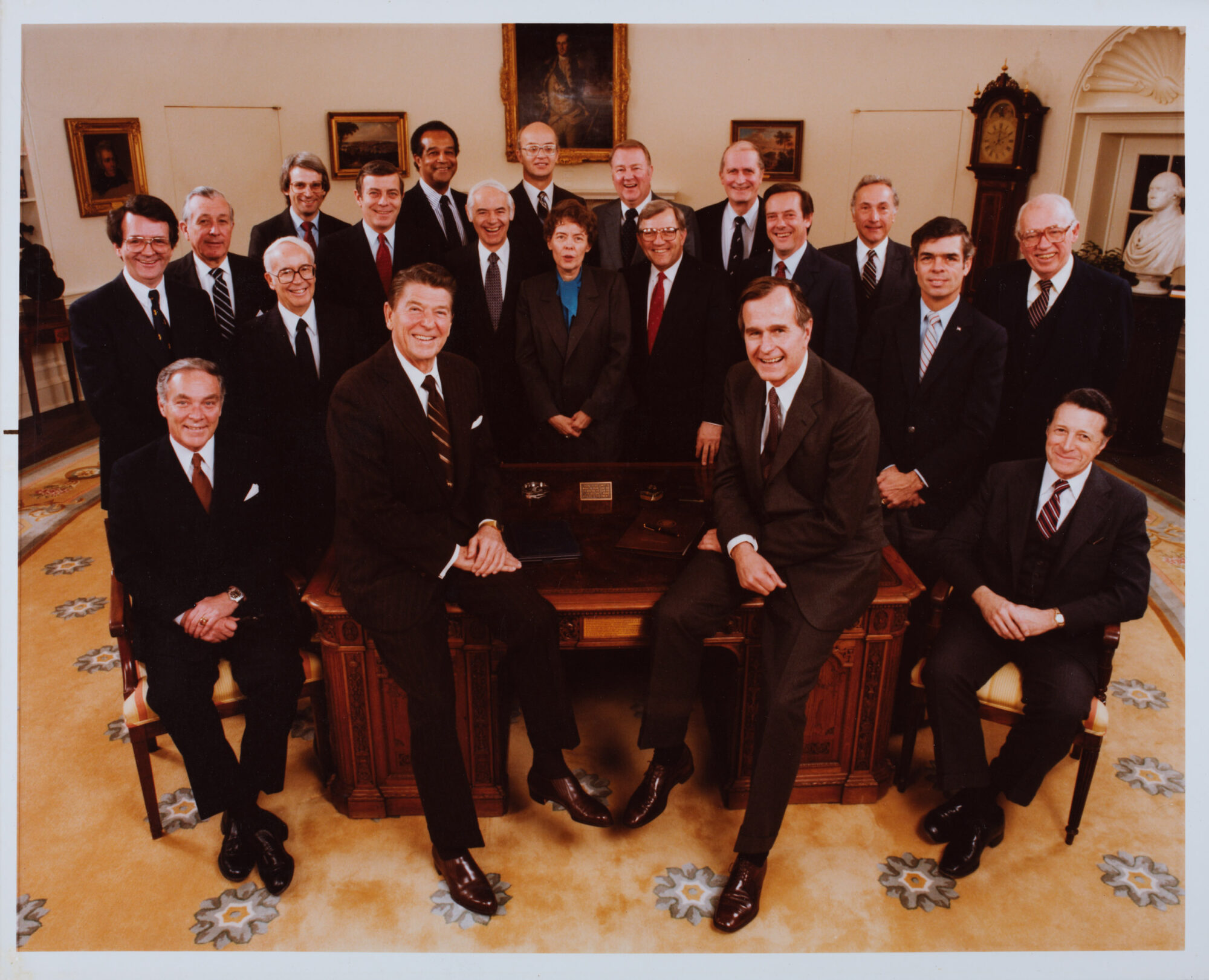 President Ronald Reagan and Vice President Bush with White House staff, 1981