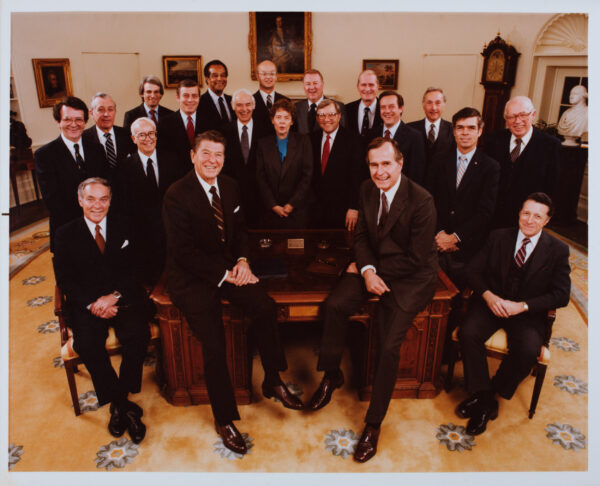 President Ronald Reagan and Vice President Bush with White House staff, 1981
